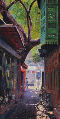 Ghulam Mustafa, Green Balkoni with Tree inside Mochi Gate, 24 x 48 Inch, Oil on Canvas, Cityscape Painting, AC-GLM-012